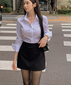 カラーネックスリムフィットクロップブラウスシャツ IVORY