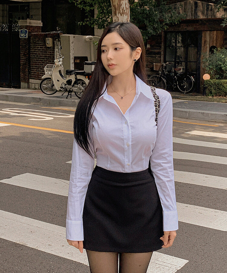 カラーネックスリムフィットクロップブラウスシャツ IVORY