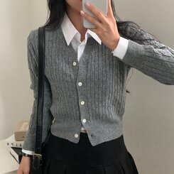 ケーブルクロップスリットニットカーディガン11色 DEEP GRAY