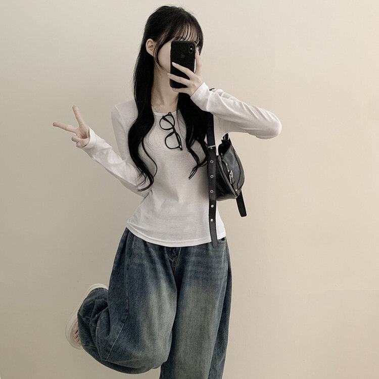 허얇골넓 슬림 무지 라운드 유넥 허리잘록 긴팔티셔츠 아이보리