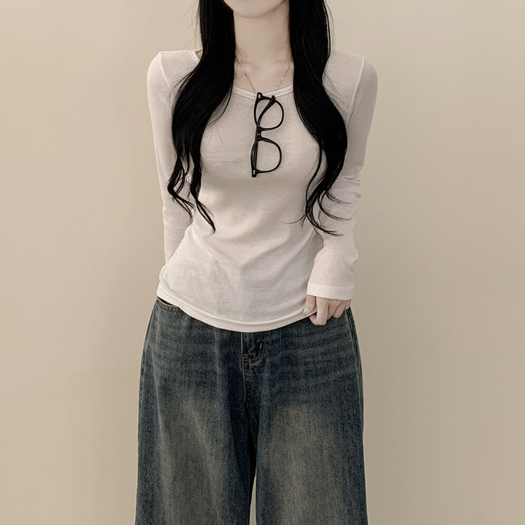 허얇골넓 슬림 무지 라운드 유넥 허리잘록 긴팔티셔츠 아이보리