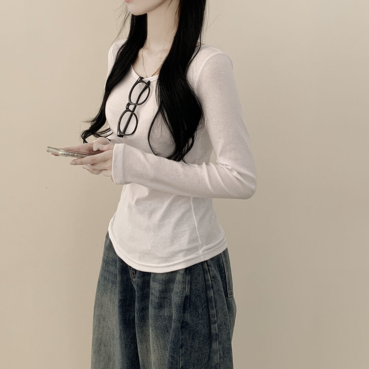 허얇골넓 슬림 무지 라운드 유넥 허리잘록 긴팔티셔츠 아이보리