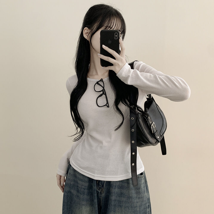 허얇골넓 슬림 무지 라운드 유넥 허리잘록 긴팔티셔츠 아이보리