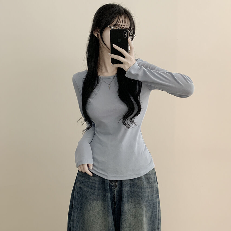 허얇골넓 슬림 무지 라운드 유넥 허리잘록 긴팔티셔츠 소라