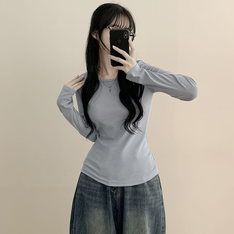 허얇골넓 슬림 무지 라운드 유넥 허리잘록 긴팔티셔츠 소라