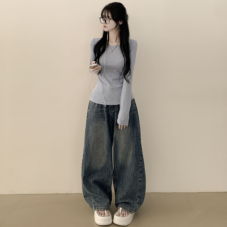 허얇골넓 슬림 무지 라운드 유넥 허리잘록 긴팔티셔츠 소라