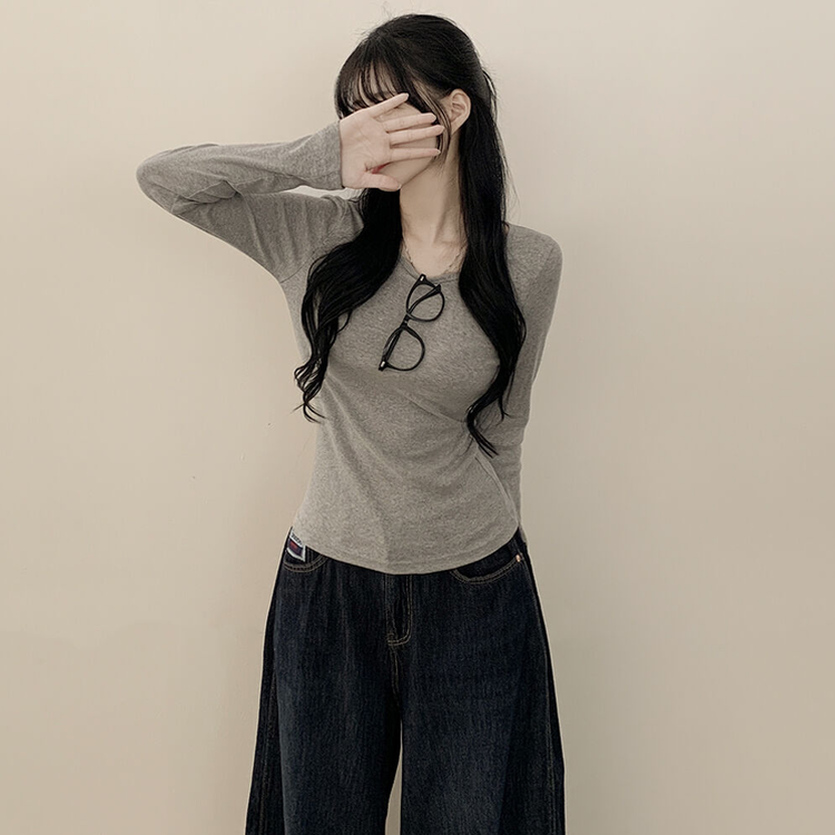 허얇골넓 슬림 무지 라운드 유넥 허리잘록 긴팔티셔츠 그레이