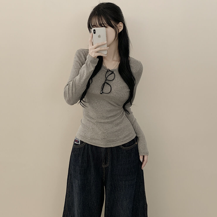 허얇골넓 슬림 무지 라운드 유넥 허리잘록 긴팔티셔츠 그레이