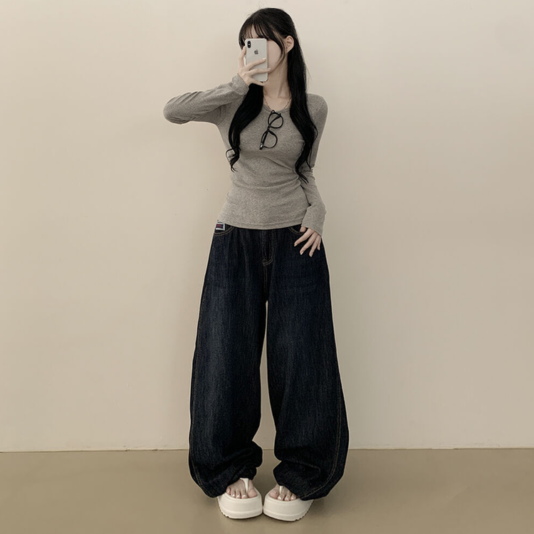 허얇골넓 슬림 무지 라운드 유넥 허리잘록 긴팔티셔츠 그레이