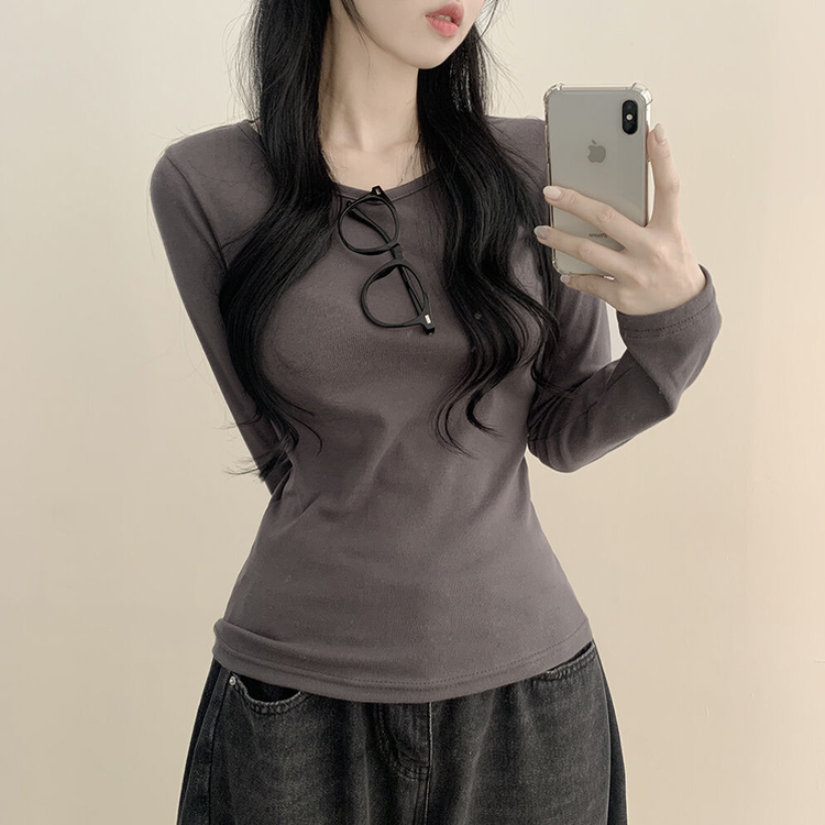 허얇골넓 슬림 무지 라운드 유넥 허리잘록 긴팔티셔츠 먹색