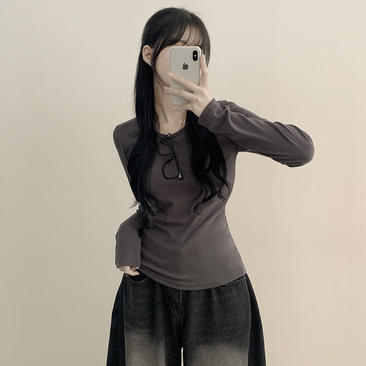 허얇골넓 슬림 무지 라운드 유넥 허리잘록 긴팔티셔츠 먹색
