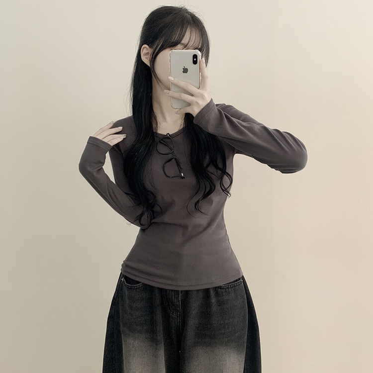 허얇골넓 슬림 무지 라운드 유넥 허리잘록 긴팔티셔츠 먹색