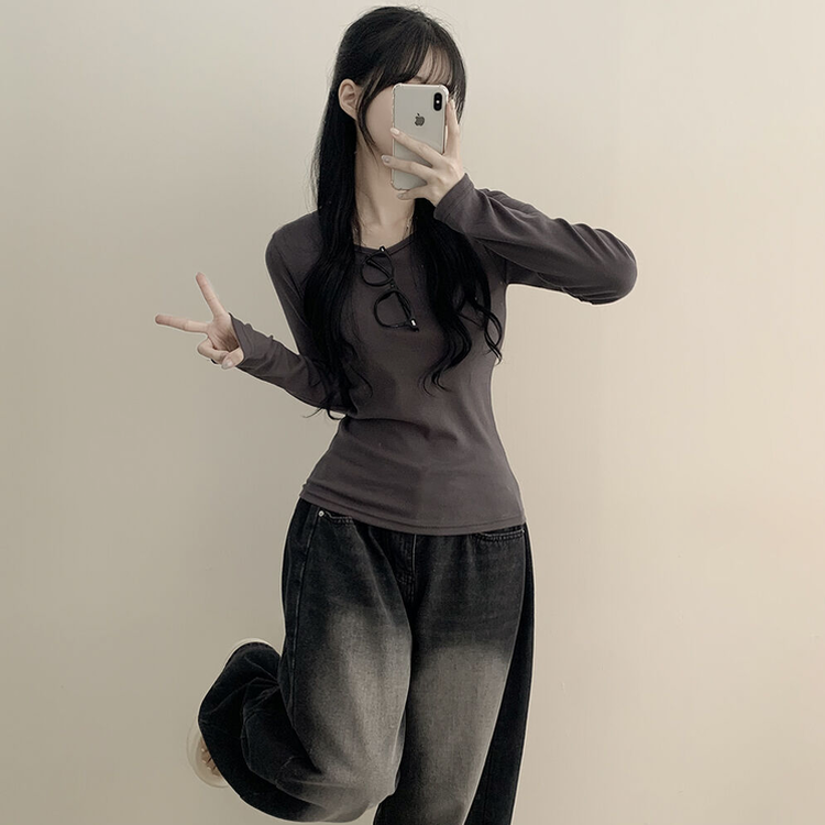 허얇골넓 슬림 무지 라운드 유넥 허리잘록 긴팔티셔츠 먹색