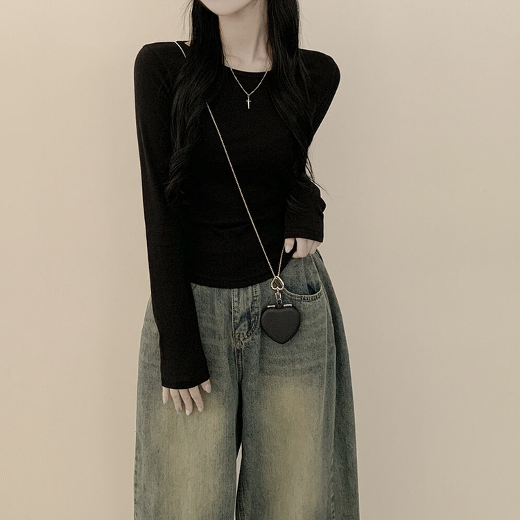 허얇골넓 슬림 무지 라운드 유넥 허리잘록 긴팔티셔츠 블랙