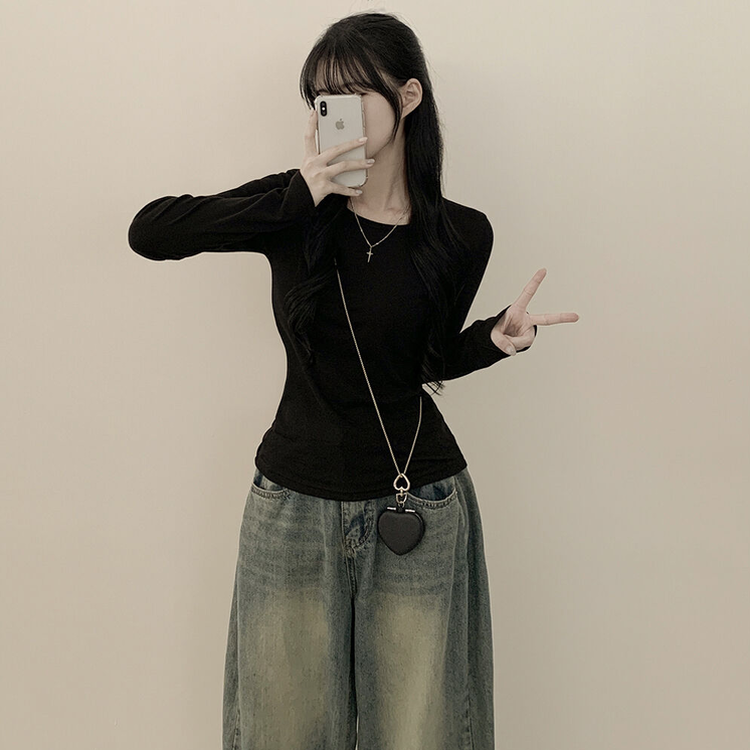 허얇골넓 슬림 무지 라운드 유넥 허리잘록 긴팔티셔츠 블랙