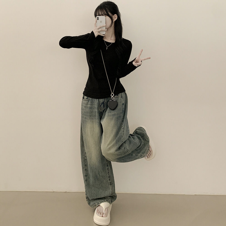 허얇골넓 슬림 무지 라운드 유넥 허리잘록 긴팔티셔츠 블랙