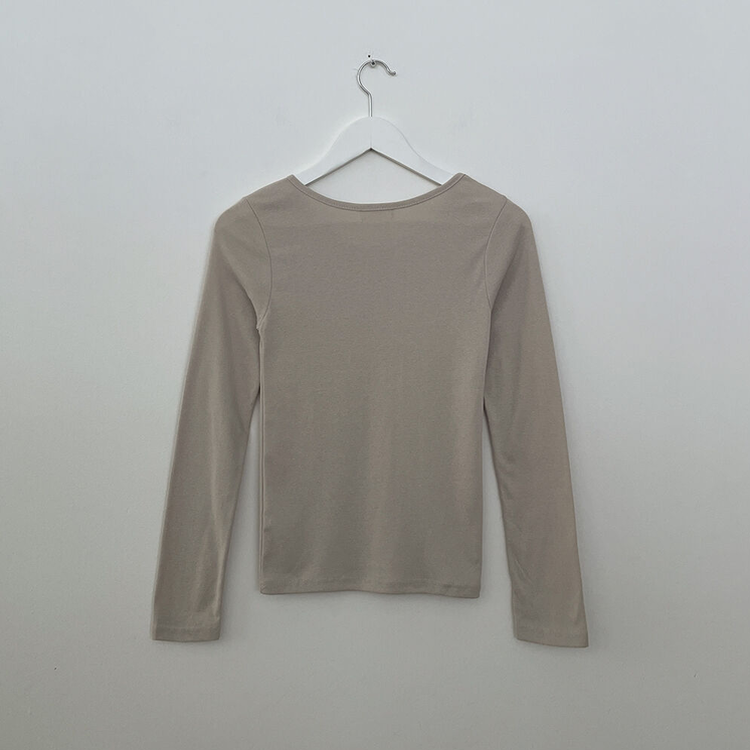 허얇골넓 슬림 무지 라운드 유넥 허리잘록 긴팔티셔츠