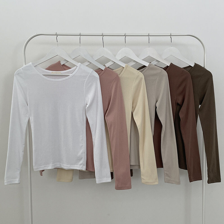 허얇골넓 슬림 무지 라운드 유넥 허리잘록 긴팔티셔츠