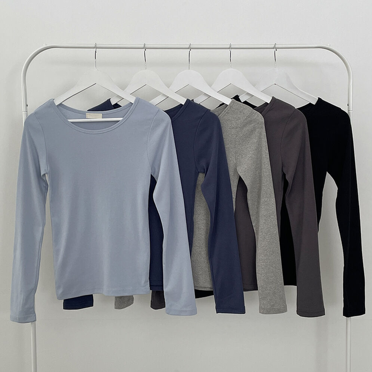 허얇골넓 슬림 무지 라운드 유넥 허리잘록 긴팔티셔츠