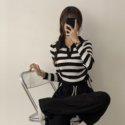 スリムフィットセミクロップストリング長袖Tシャツ7色 STRIPE