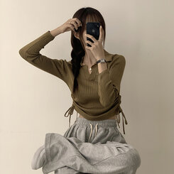 スリムフィットセミクロップストリング長袖Tシャツ7色 KHAKI