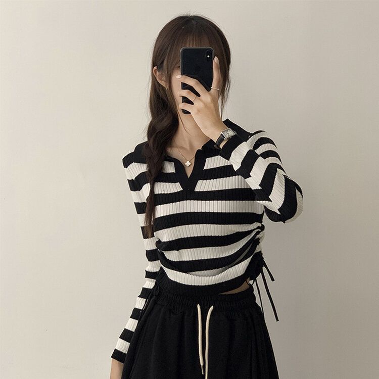 スリムフィットセミクロップストリング長袖Tシャツ7色 STRIPE