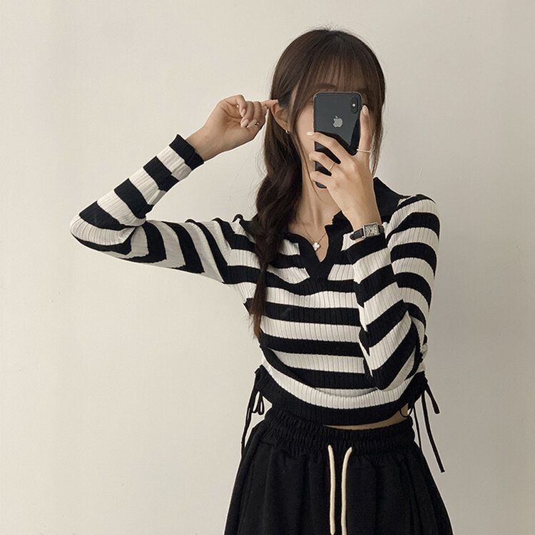 スリムフィットセミクロップストリング長袖Tシャツ7色 STRIPE