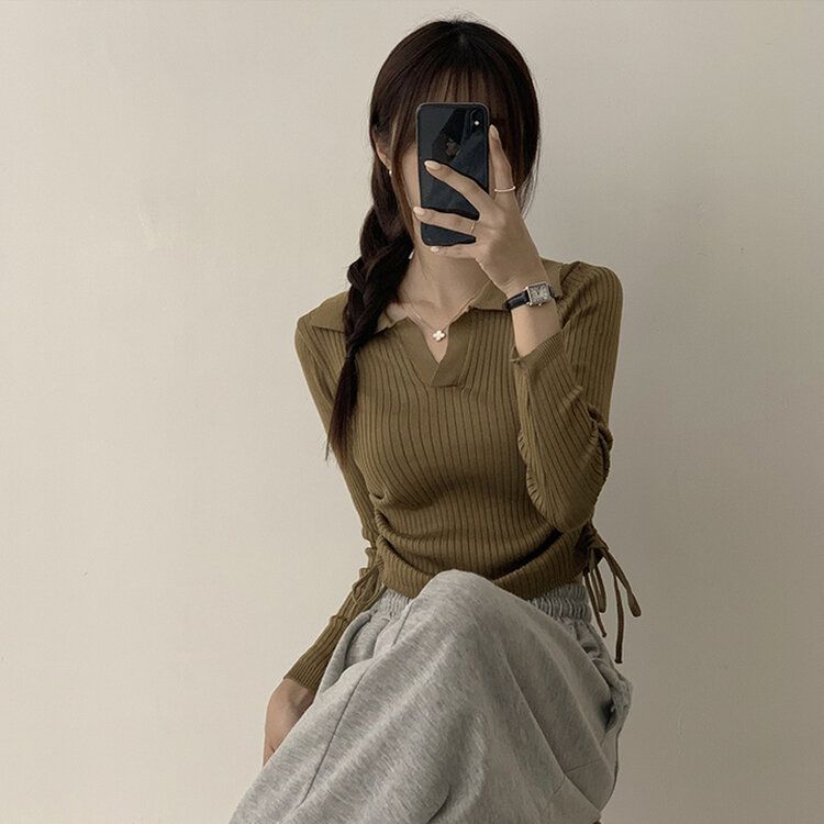 スリムフィットセミクロップストリング長袖Tシャツ7色 KHAKI