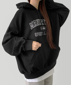 レタリングルーズフィットフード長袖Tシャツ BLACK