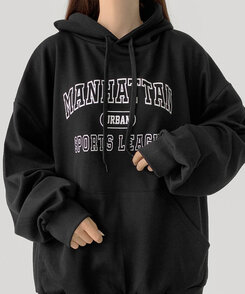 レタリングルーズフィットフード長袖Tシャツ BLACK