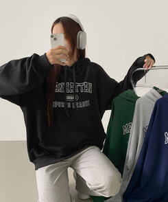 レタリングルーズフィットフード長袖Tシャツ BLACK