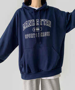 レタリングルーズフィットフード長袖Tシャツ DARK BLUE