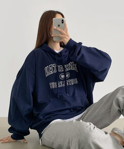 レタリングルーズフィットフード長袖Tシャツ DARK BLUE