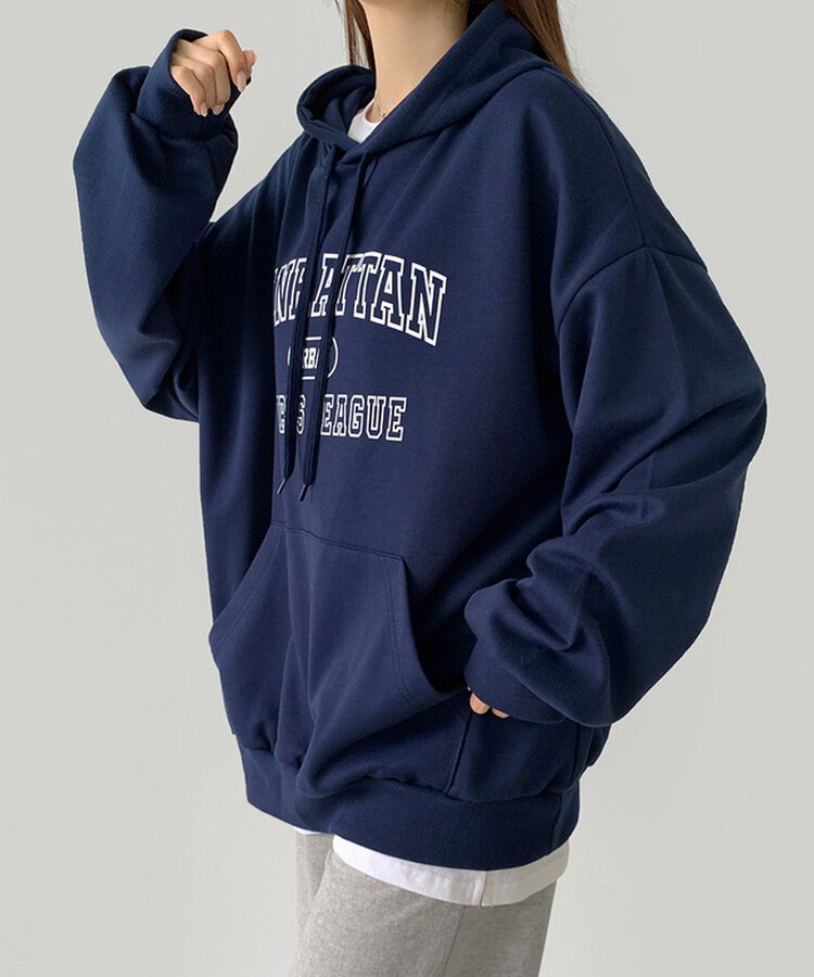 レタリングルーズフィットフード長袖Tシャツ DARK BLUE