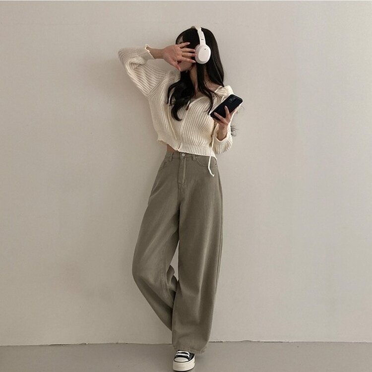 이던 히든밴딩 코튼 와이드 팬츠 카키