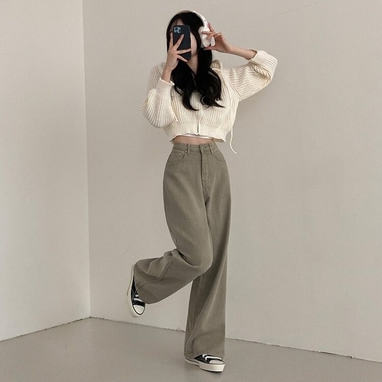 이던 히든밴딩 코튼 와이드 팬츠 카키