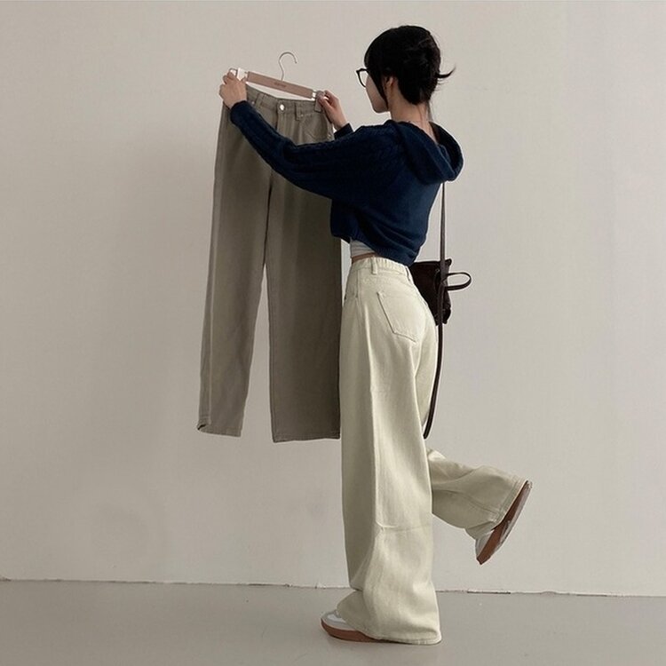 이던 히든밴딩 코튼 와이드 팬츠 베이지