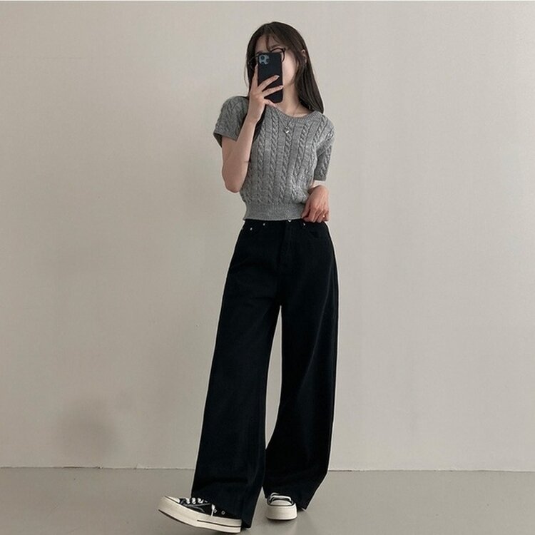 이던 히든밴딩 코튼 와이드 팬츠 블랙