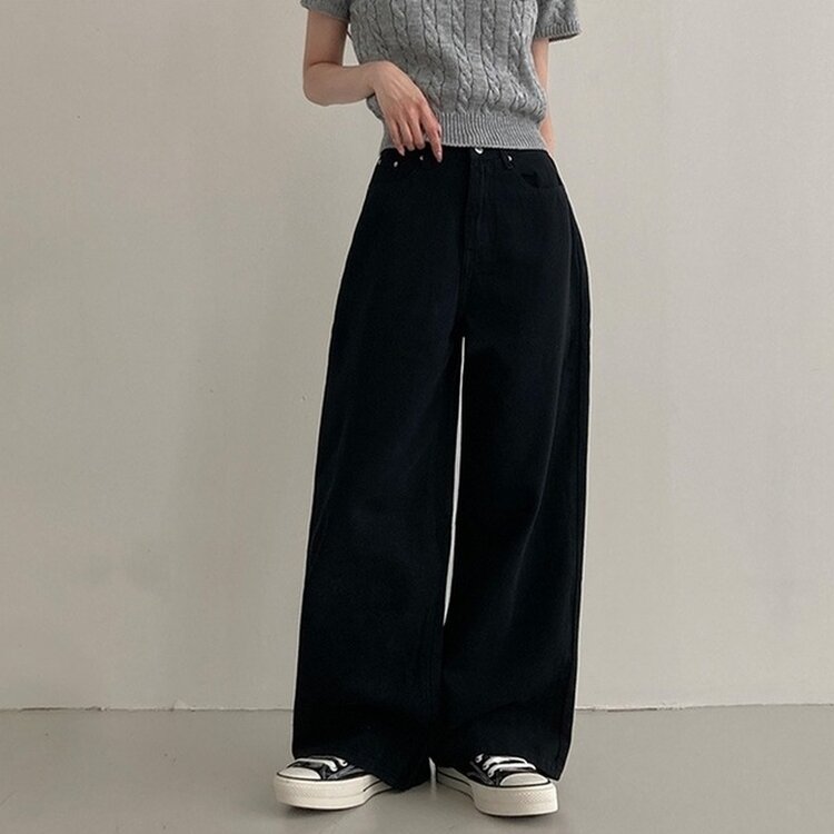 이던 히든밴딩 코튼 와이드 팬츠 블랙