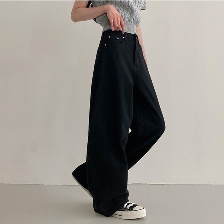 이던 히든밴딩 코튼 와이드 팬츠 블랙