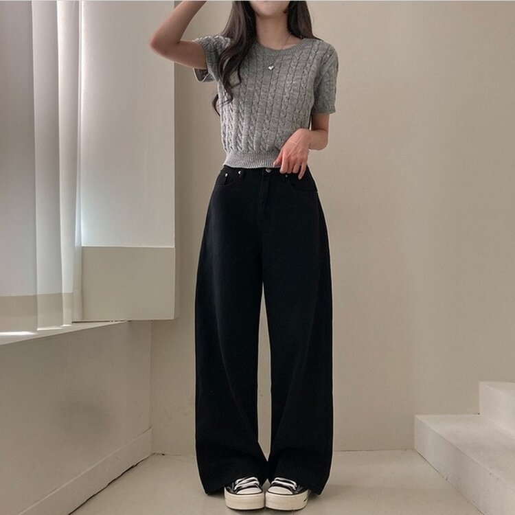 이던 히든밴딩 코튼 와이드 팬츠 블랙