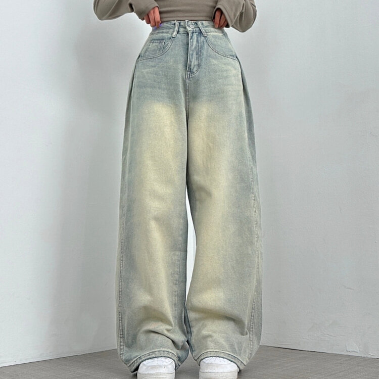 サイドピンタックビンテージウォッシングワイドデニムロング