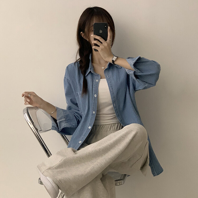 꾸안꾸 종결 오버핏 가을 카라 데님 긴팔 셔츠 루즈핏 무지 Y2K 캐주얼 롱 청남방 3color 연청