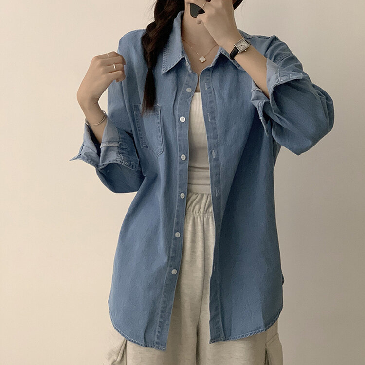 꾸안꾸 종결 오버핏 가을 카라 데님 긴팔 셔츠 루즈핏 무지 Y2K 캐주얼 롱 청남방 3color 연청