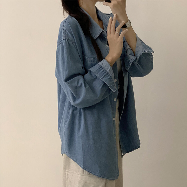 꾸안꾸 종결 오버핏 가을 카라 데님 긴팔 셔츠 루즈핏 무지 Y2K 캐주얼 롱 청남방 3color 연청