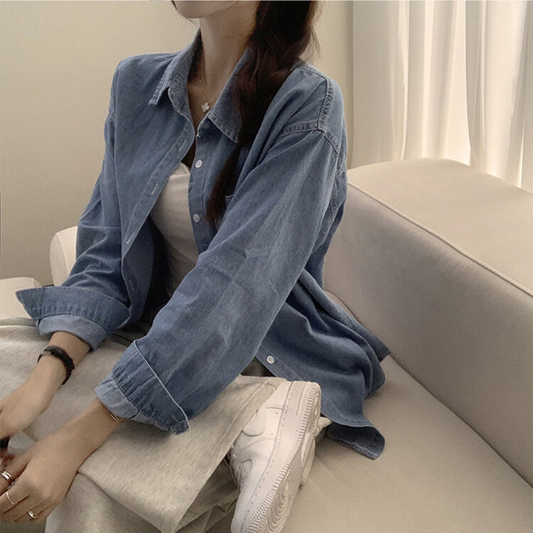 꾸안꾸 종결 오버핏 가을 카라 데님 긴팔 셔츠 루즈핏 무지 Y2K 캐주얼 롱 청남방 3color 연청