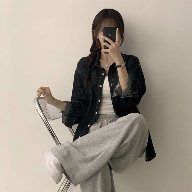 꾸안꾸 종결 오버핏 가을 카라 데님 긴팔 셔츠 루즈핏 무지 Y2K 캐주얼 롱 청남방 3color 흑청