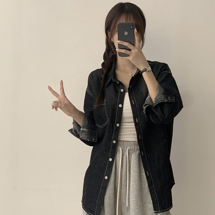 꾸안꾸 종결 오버핏 가을 카라 데님 긴팔 셔츠 루즈핏 무지 Y2K 캐주얼 롱 청남방 3color 흑청