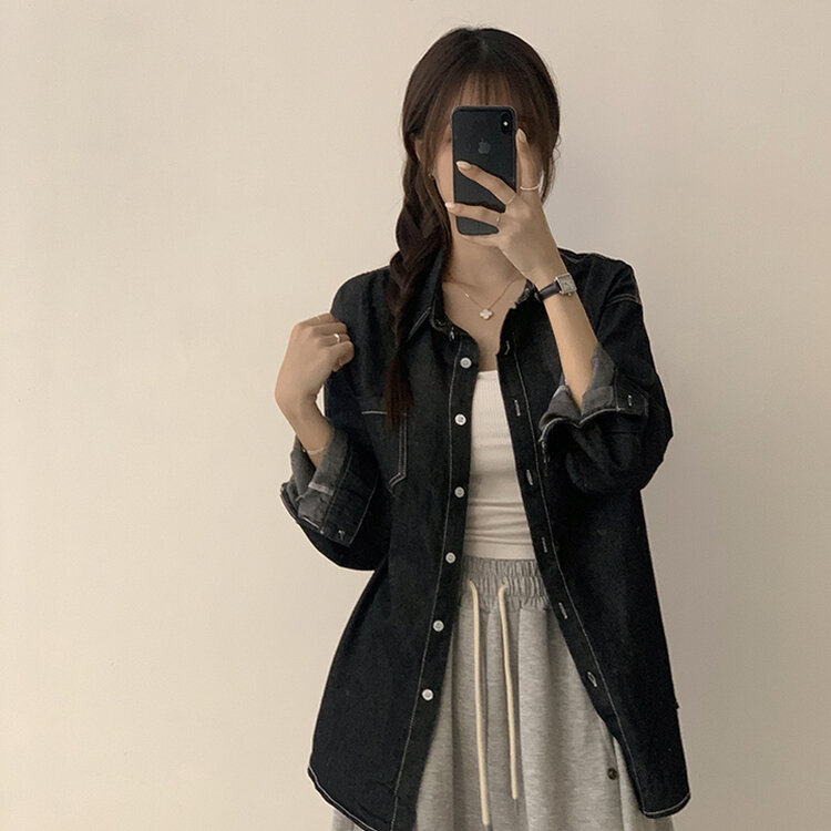 꾸안꾸 종결 오버핏 가을 카라 데님 긴팔 셔츠 루즈핏 무지 Y2K 캐주얼 롱 청남방 3color 흑청