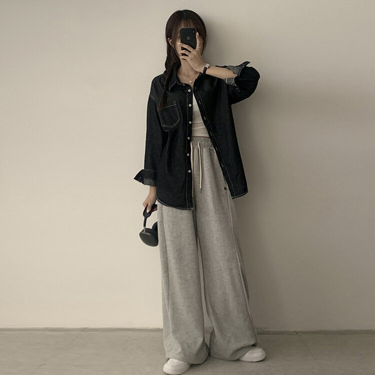 꾸안꾸 종결 오버핏 가을 카라 데님 긴팔 셔츠 루즈핏 무지 Y2K 캐주얼 롱 청남방 3color 흑청